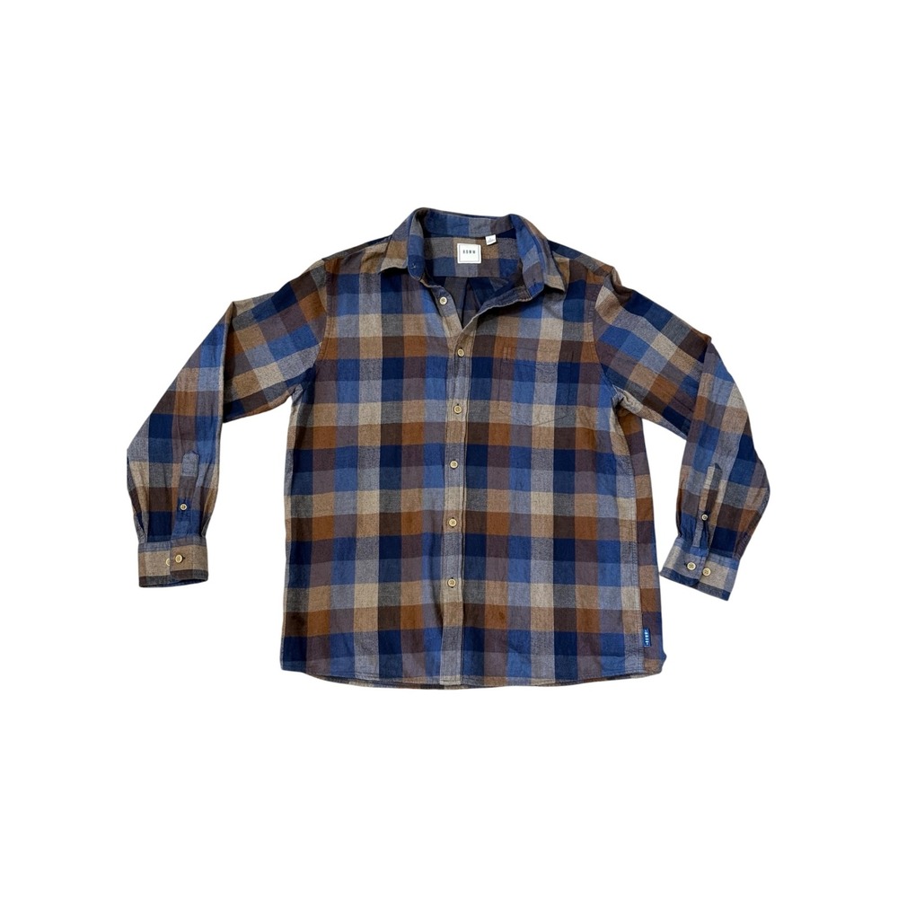 ROWM Mens Plaid Flannel Button Down Shirt Blue Brown Cotton Long Sleeve Large